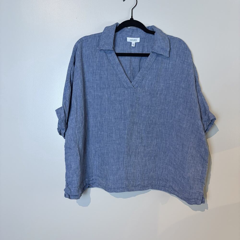 Haven Well Within Women's XXL Linen Blue Short Sleeve Shirt Top Breathable